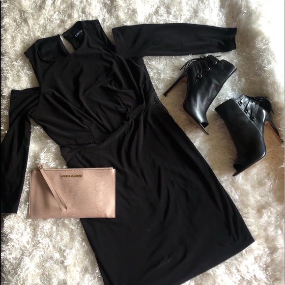 Black BEBE Cold Shoulder Dress w Side Cut Outs - Picture 8 of 8